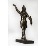 LARGE ART DECO STYLE METALLIC BRONZE FIGURE OF A SEMI-DRAPED CLASSICAL FEMALE WARRIOR, wearing a