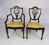 SET OF EIGHT (6+2) EARLY TWENTIETH CENTURY HEPPLEWHITE STYLE LINE INLAID MAHOGANY DINING CHAIRS,