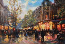 B. TPOMOB, CYMEPKH (MODERN) OIL ON CANVAS Bygone Parisienne street scene with figures and early
