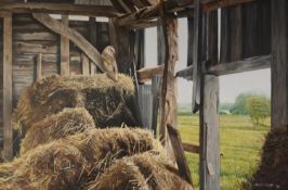 DAVID MILLER (b.1966) OIL ON CANVAS Barn owl perched on hay bales Signed and dated (19)96 19 ¾” x 29