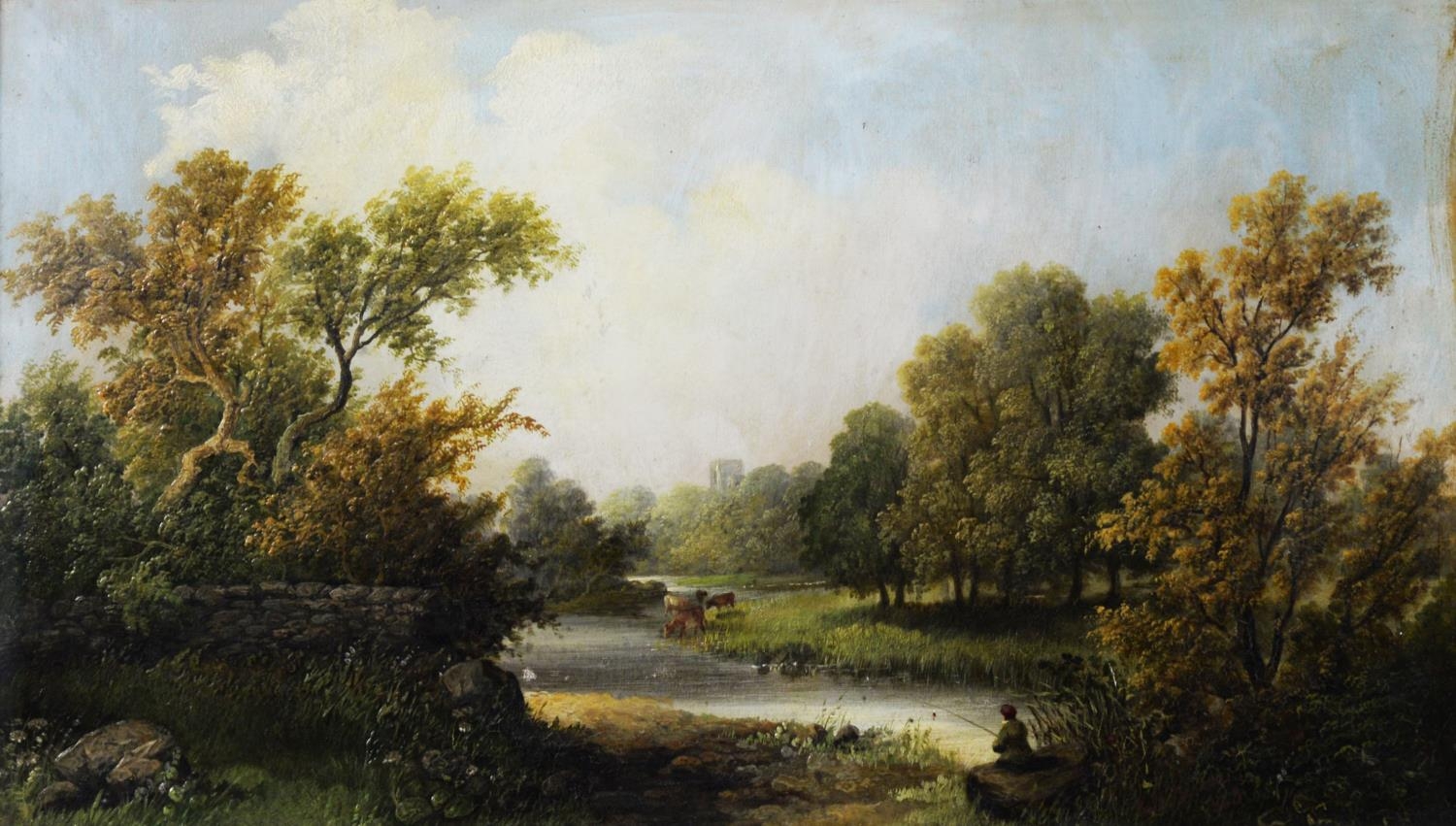 E R BARNES (19th CENTURY) OIL PAINTING ON BOARD River landscape with fisherman and cattle watering