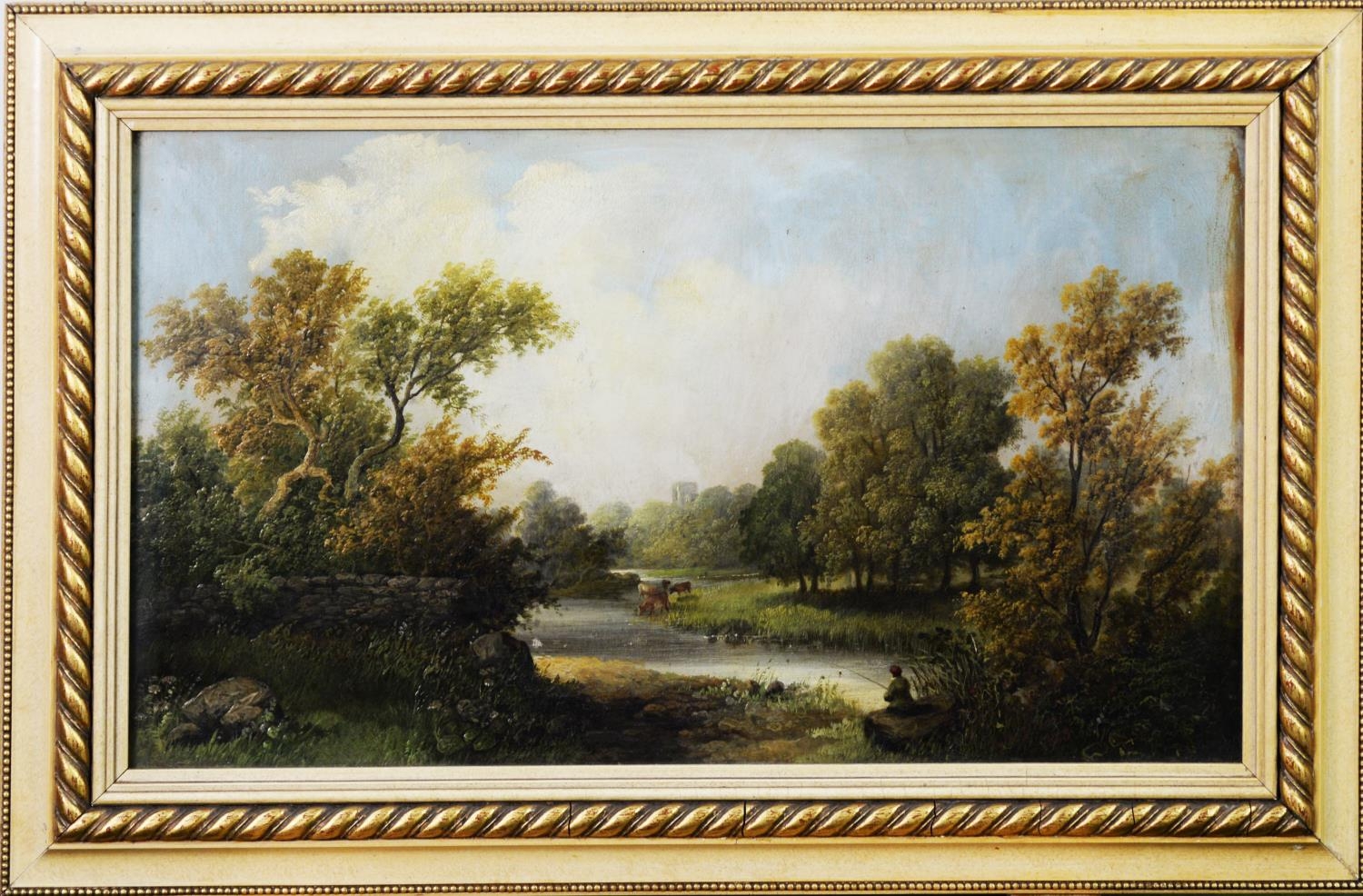 E R BARNES (19th CENTURY) OIL PAINTING ON BOARD River landscape with fisherman and cattle watering - Image 2 of 2