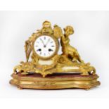 NINETEENTH CENTURY FRENCH ORMOLU and ALABASTER INSET MANTEL CLOCK, the drum movement striking on a