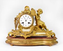 NINETEENTH CENTURY FRENCH ORMOLU and ALABASTER INSET MANTEL CLOCK, the drum movement striking on a