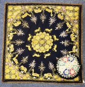 MIDDLE EASTERN BLACK FABRIC RECTANGULAR COVER with circula gold thread decorated repeat border of