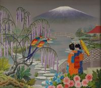 B. PERRY (TWENTIETH CENTURY) OIL PAINTING ON EMBOSSED CARD ‘Japanese Garden’ Printed signature and