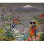 B. PERRY (TWENTIETH CENTURY) OIL PAINTING ON EMBOSSED CARD ‘Japanese Garden’ Printed signature and