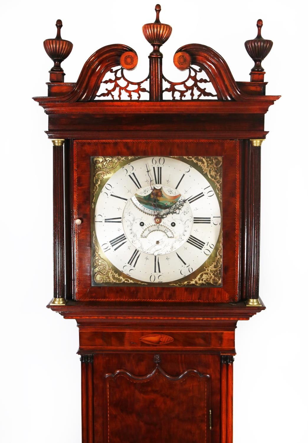 GEORGE III INLAID FIGURED MAHOGANY CASED LONGCASE CLOCK WITH ROLLING MOONPHASE, SIGNED JN LEES,