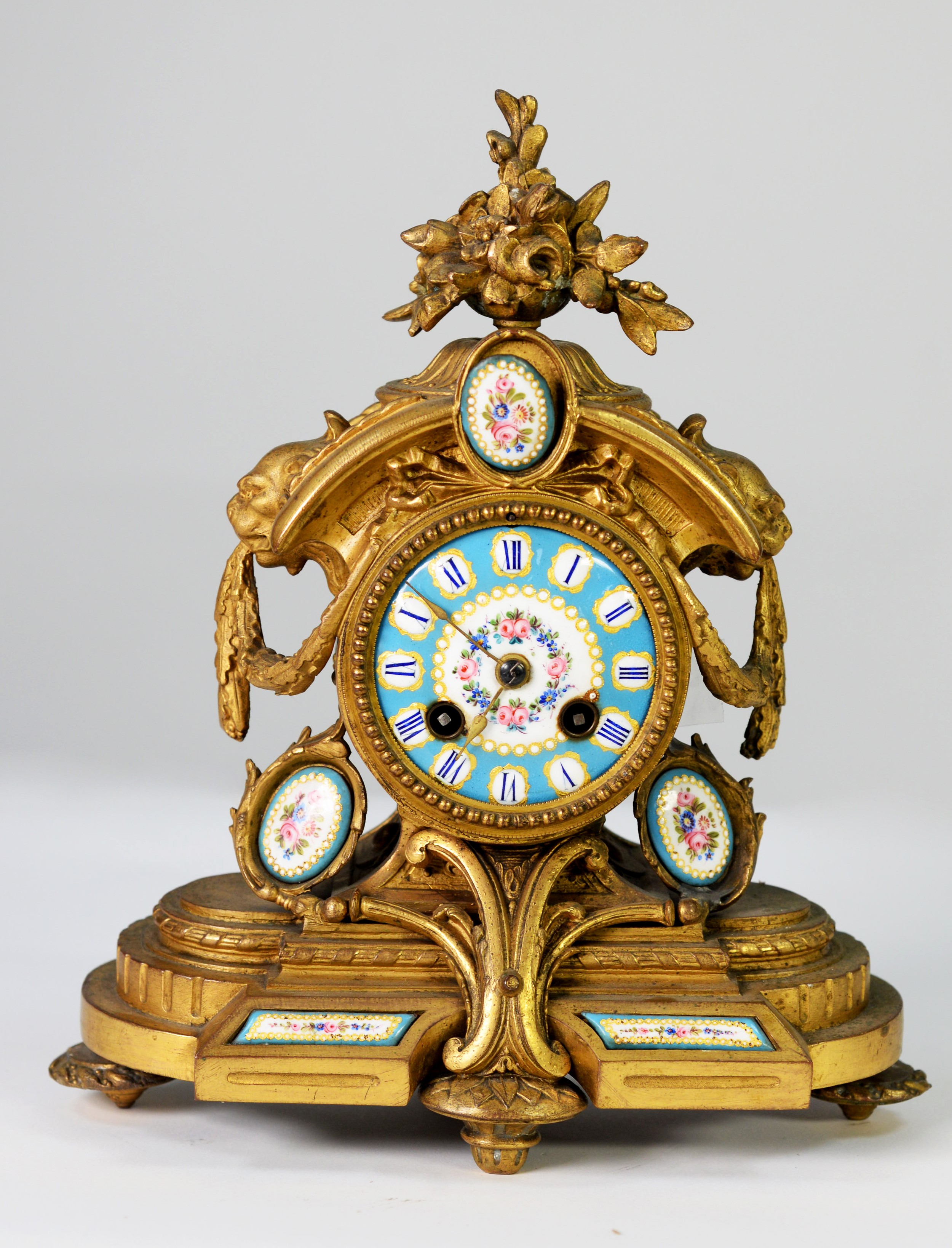 FRENCH THIRD REPUBLIC PERIOD BREVET FRENCH GILT MANTEL CLOCK, set with bleu celeste Sevres style