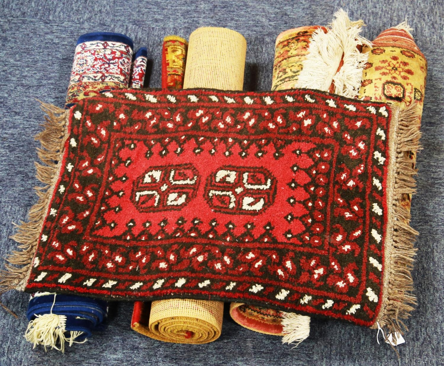 SMALL AFGHAN RUG, crimson with white detail, 1ft 10in x 1ft 3in ((60 x 40cm) and 4 OTHER SMALL RUGS, - Image 2 of 2