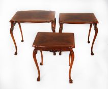 GOOD QUALITY NEST OF THREE GEORGIAN STYLE FIGURED MAHOGANY OCCASIONAL TABLES, each with quarter