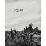 FREDERICK GORDON CROSBY (1855-1943) MONOCHROME GOUACHE DRAWING Crowd of figures waving to a bi-plane