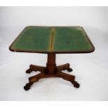 LATE VICTORIAN FIGURED MAHOGANY PEDESTAL CARD TABLE, the flame cut swivel top enclosing a green