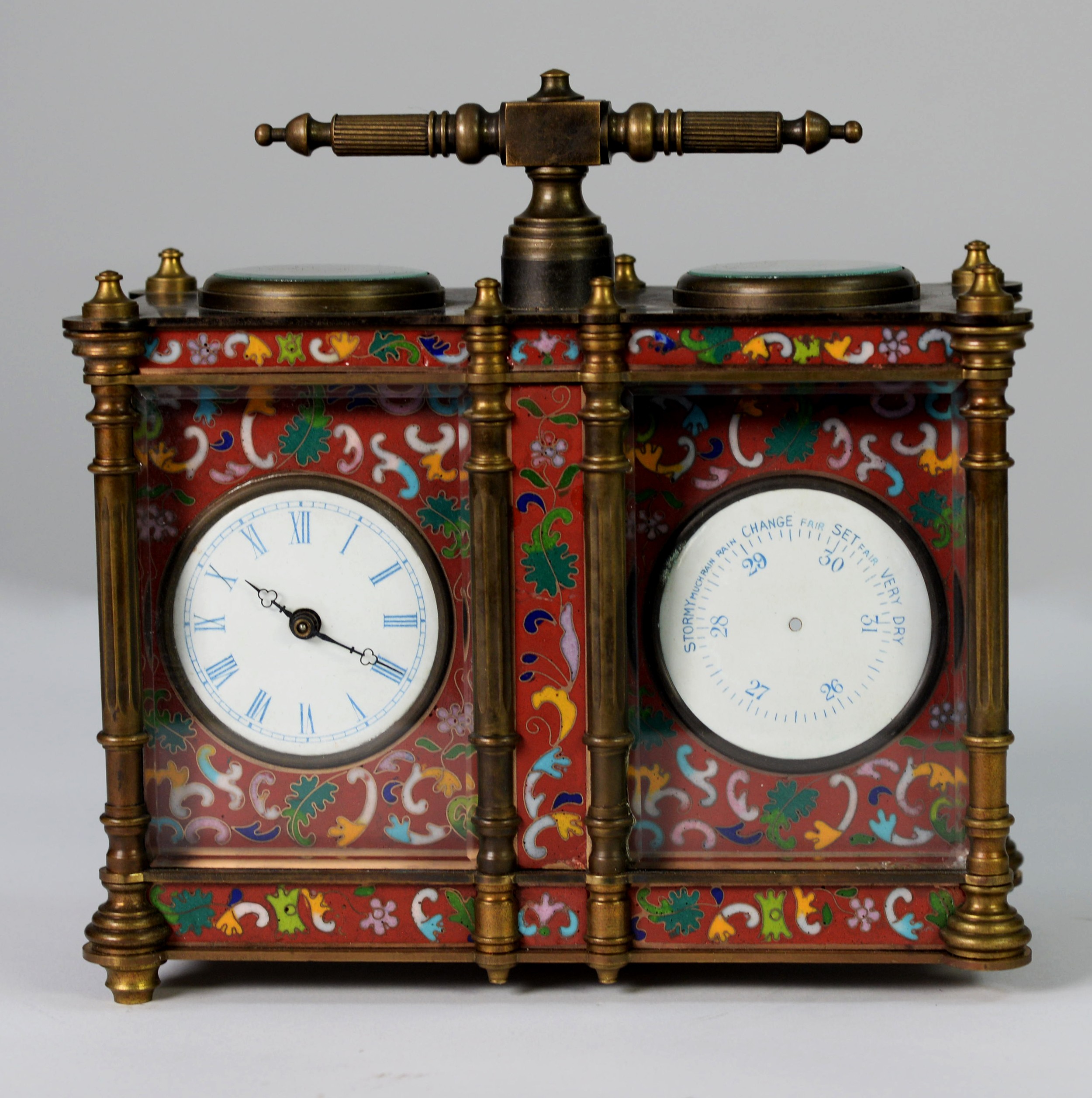 A 20th CENTURY CLOISONNE ENAMELLED DESK CLOCK COMPENDIUM, in the form of a double width carriage