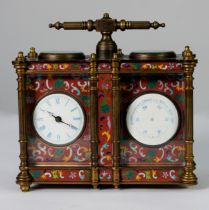A 20th CENTURY CLOISONNE ENAMELLED DESK CLOCK COMPENDIUM, in the form of a double width carriage