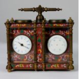 A 20th CENTURY CLOISONNE ENAMELLED DESK CLOCK COMPENDIUM, in the form of a double width carriage