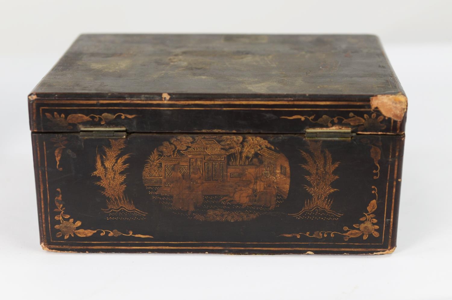 ORIENTAL LATE 19th CENTURY LACQUERED AND GILT OBLONG TEA CADDY, interior with two oblong lidded lead - Image 2 of 2