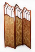 EDWARDIAN CARVED AND LINE INLAID MAHOGANY THREE FOLD DRESSING SCREEN, each section of ascending