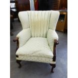 GOOD MAHOGANY FRAMED WINGED EASY ARMCHAIR COVERED IN PALE BLUE/GREY SILK TAPESTRY WITH GOLD FAN