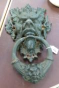 GREEN PAINTED CAST METAL ‘GREEN MAN’ MASK LARGE DOOR KNOCKER, 15” high