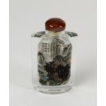 FINE QUALITY MODERN CHINESE INTERNALLY PAINTED SNUFF BOTTLE encased in facet cut clear glass with