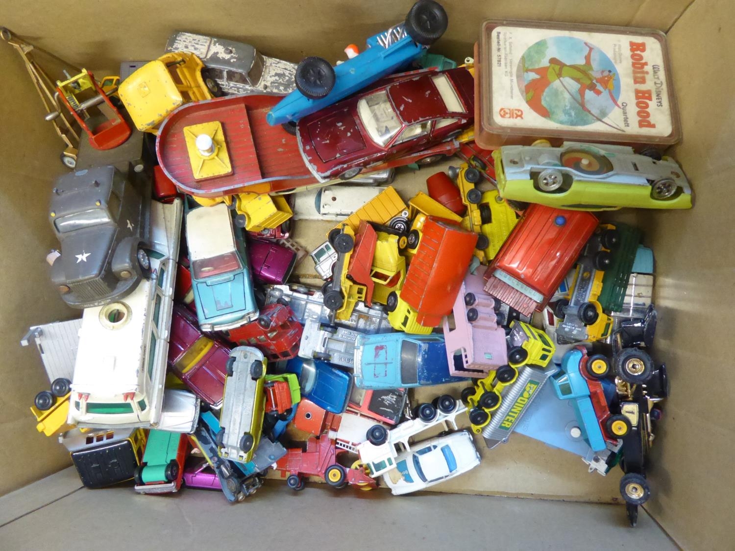 A COLLECTION OF PLAY-WORN DIE-CAST MODEL VEHICLES, INCLUDING MATCHBOX, LESNEY, CORGI, AND MORE [A