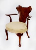 SET OF FOUR EIGHTEENTH CENTURY STYLE CARVED MAHOGANY CARVER DINING CHAIRS, each with solid curved
