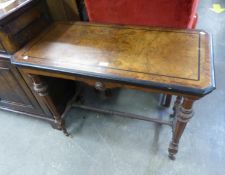 A MID VICTORIAN FIGURED WALNUT AMBOYNA CROSSBANDED AND INLAID FOLD-OVER CARD TABLE
