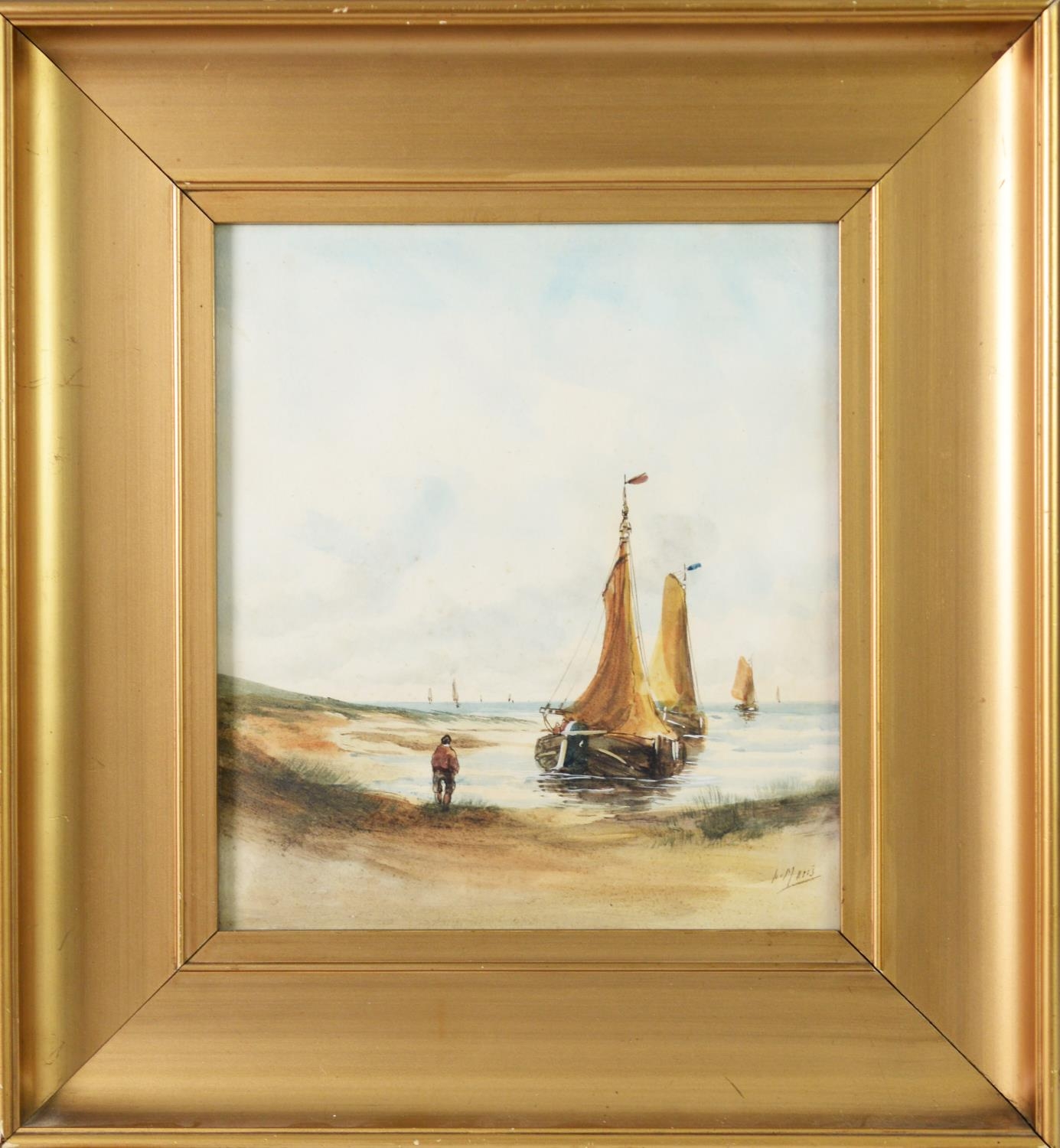 MARIS WATERCOLOUR DRAWING Man on beach watching a Dutch fishing fleet setting sail Signed 9 3/4in - Image 2 of 2