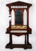 LATE VICTORIAN MAHOGANY AND WHITE VEINED MARBLE HALL STAND, the architectural cornice above a eleven