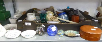 A MIXED LOT TO INCLUDE; GLASS AND CHINA ORNAMENTS, EXAMPLES OF AYNSLEY, PAPERWEIGHTS, ANIMALS,