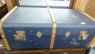 MID-TWENTIETH CENTURY TRAVEL TRUNK, WITH WOODEN RAILS, TOGETHER WITH A SMALLER AND LATER ALLOY