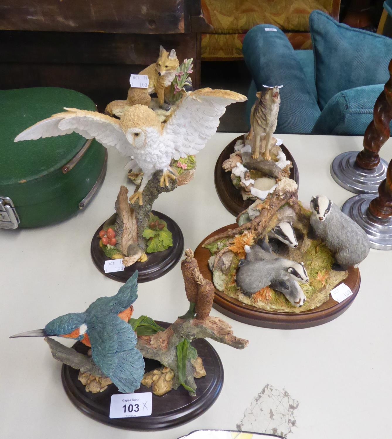 A COLLECTION OF RESIN ANIMALIER GROUPS, including Country Artists barn owl, 'Howling Wolf (