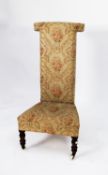 VICTORIAN PRIE-DIEU CHAIR, of typical form with Aubusson style floral cover and rosewood grain