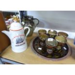 ROOKES POTTERY STONEWARE SET WITH LARGE JUG, SIX GOBLETS AND 'THE LARGEST SAILING SHIP OF WORLD'