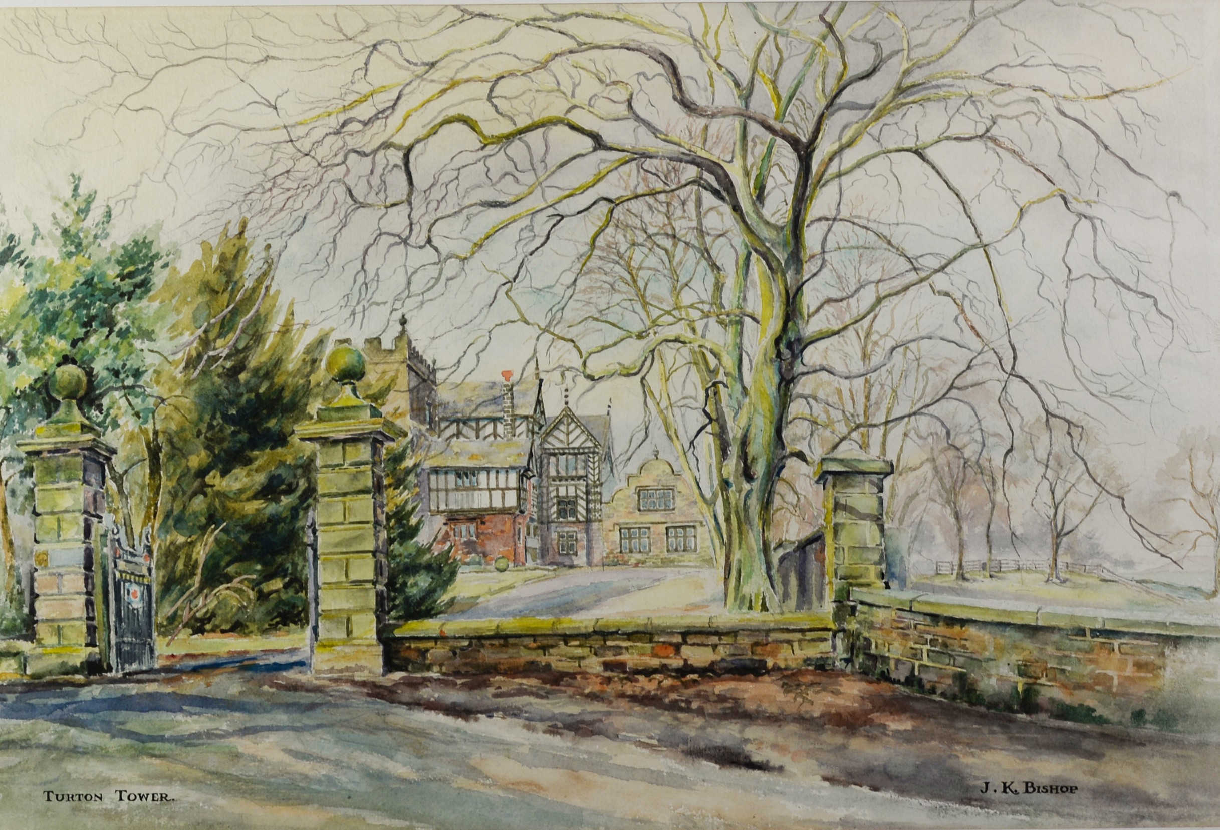 J K BISHOP (TWENTIETH CENTURY) WATERCOLOUR ‘Turton Tower’ Signed 15 ½” x 23” (39.3cm x 58.4cm)