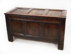 SEVENTEENTH CENTURY OAK COFFER, of typical form with three panelled top and front, 27” (68.6cm)