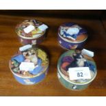 A SET OF 4 ARDLEIGH ELLIOTT PORCELAIN CIRCULAR TRINKET BOXES AND LIDS, PRINTED WITH KITTENS