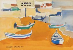 SINCLAIRE GAULDIE CBE (1918 - 1996) PEN AND WATERCOLOUR DRAWING Beached Boats, Cascais Signed