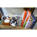 MIXED LOT TO INCLUDE; A SELECTION OF KITCHEN ITEMS, MIXER, PYREX, WALL CLOCK AND A SELECTION OF