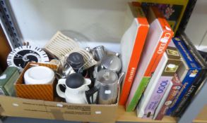 MIXED LOT TO INCLUDE; A SELECTION OF KITCHEN ITEMS, MIXER, PYREX, WALL CLOCK AND A SELECTION OF