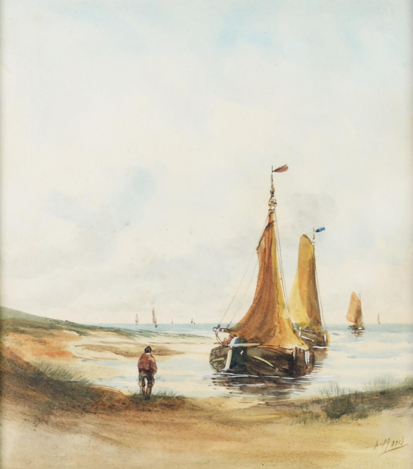 MARIS WATERCOLOUR DRAWING Man on beach watching a Dutch fishing fleet setting sail Signed 9 3/4in