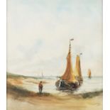 MARIS WATERCOLOUR DRAWING Man on beach watching a Dutch fishing fleet setting sail Signed 9 3/4in