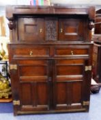 EIGHTEENTH CENTURY OAK COURT CUPBOARD OR DIDARN, the canopy top with a pair of panelled cupboard