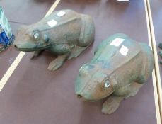 PAIR OF GREEN PAINTED CAST METAL ORNAMENTAL GARDEN TOADS, 11” LONG, (2)