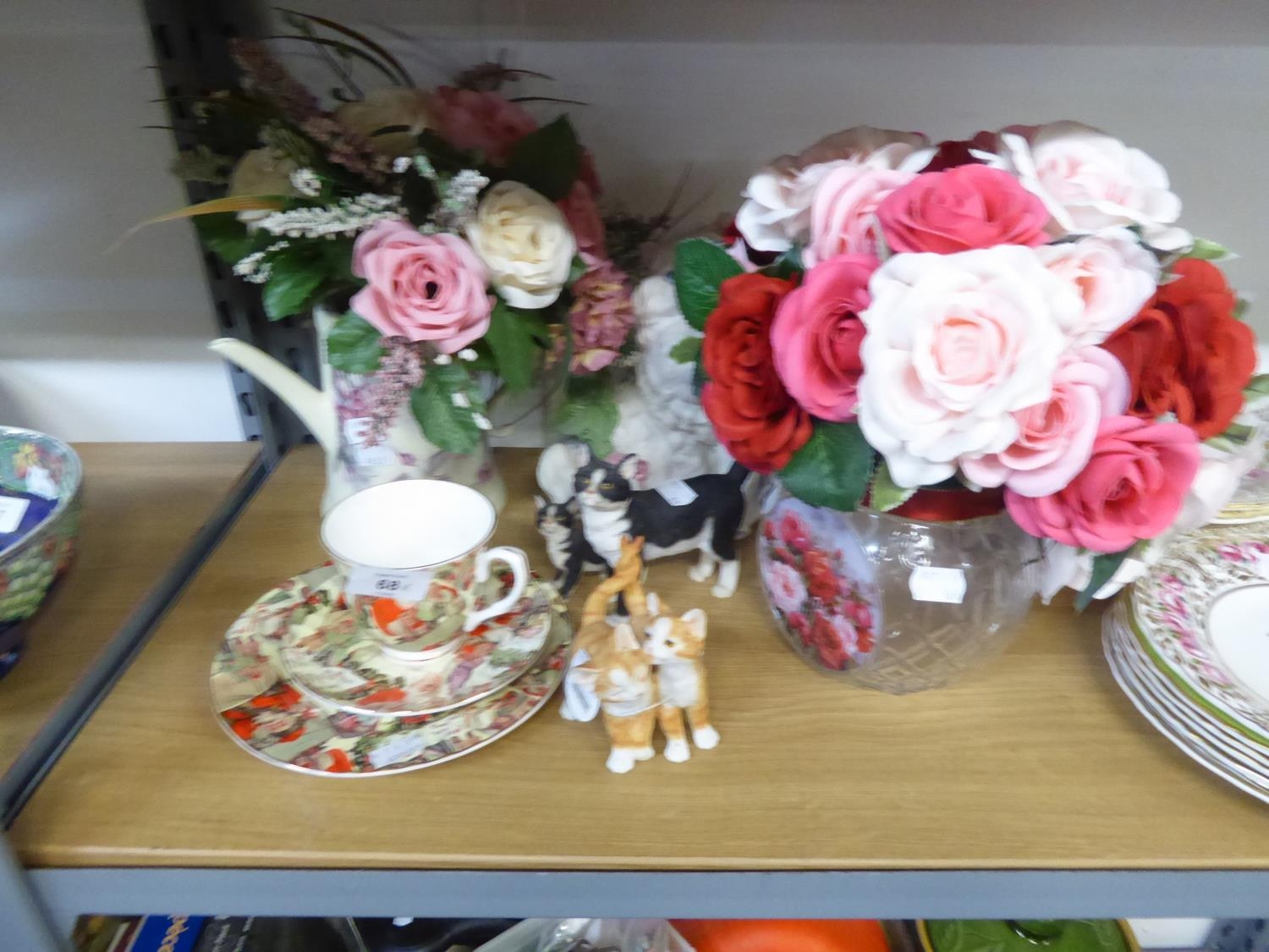 CHRISTMAS FAYRE TRIO; TINTED BISQUE SEATED CAT, ‘MICHELLE’; AYNSLEY CHINA LARGE POSY ORNAMENT;