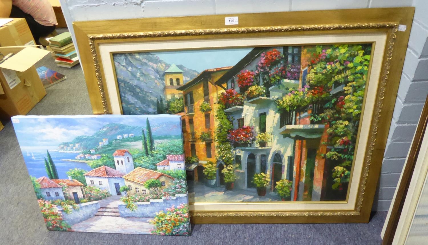UNATTRIBUTED MODERN OIL ON CANVAS ITALIAN COASTAL SCENE WITH HOUSES UNSIGNED 19 ¾” X 23 ¾”