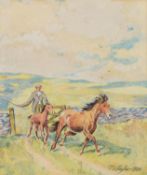 R.B. TAYLOR WATERCOLOUR DRAWING Farmer driving a pony and foal into a moorland field Signed 8 1/