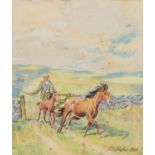 R.B. TAYLOR WATERCOLOUR DRAWING Farmer driving a pony and foal into a moorland field Signed 8 1/