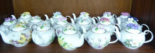 ROYALE, STRATFORD, CHINA ‘COUNTRY COTTAGE COLLECTION’ OF 15 SMALL GLOBULAR TEAPOTS, PRINTED WITH